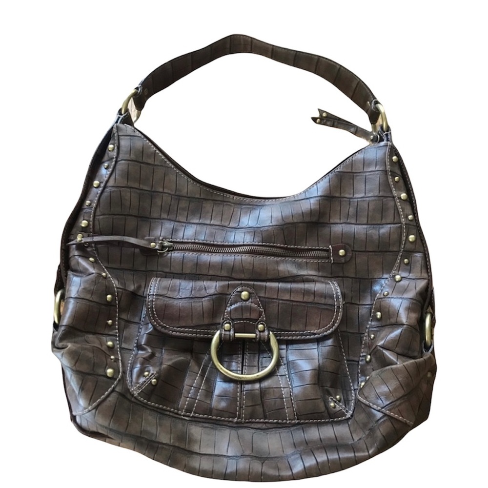 Pritzi Purse Handbag Brown Croc Print Boho Gypsy Studded Hobo Shoulder Satchel